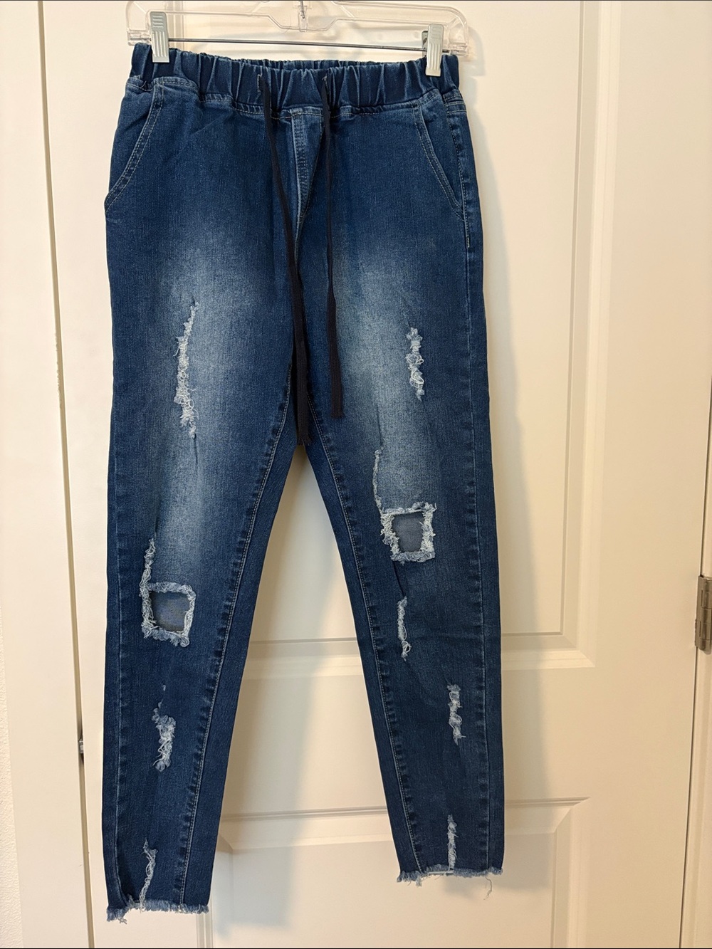 Women's Dark Blue Distressed Jeggings with Drawstring Waist